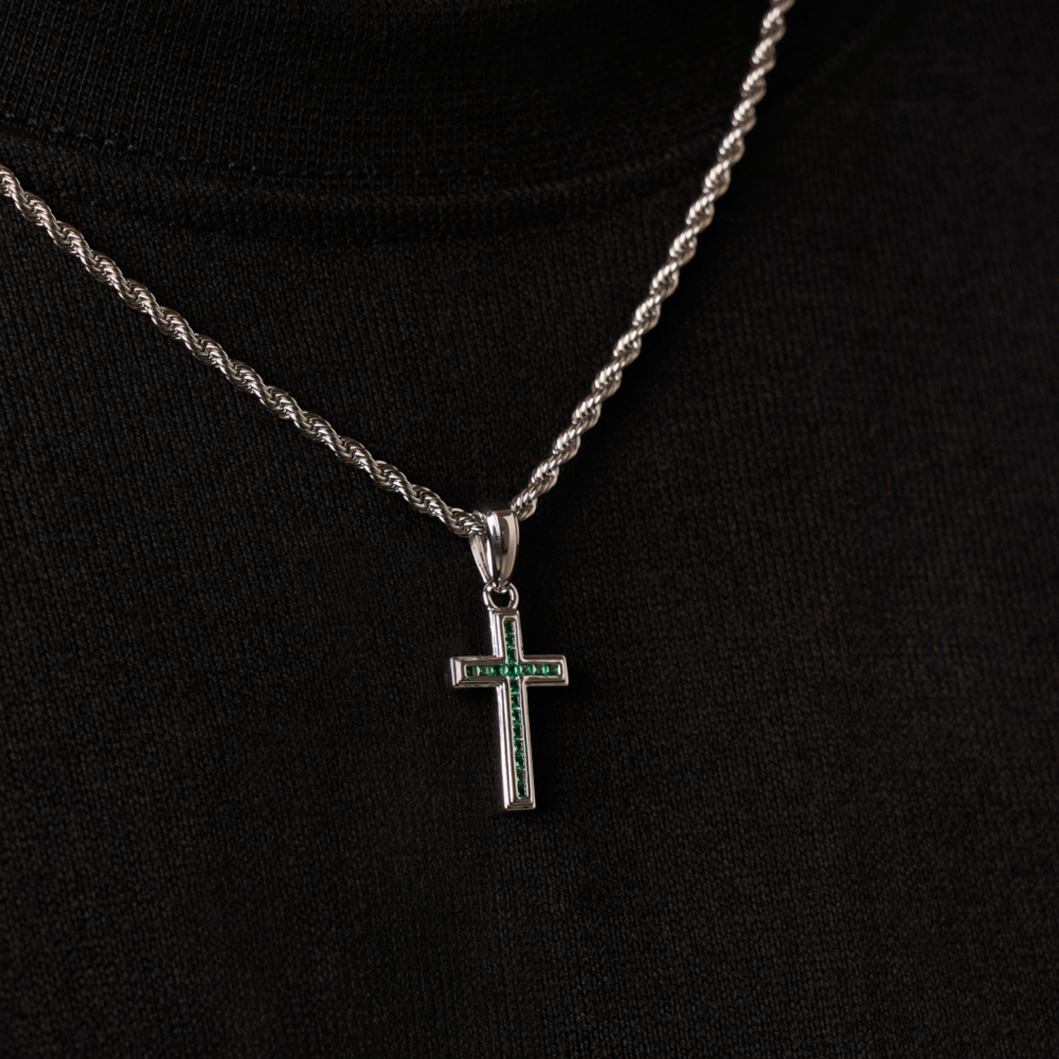Mini Emerald Stone Cross (Silver)