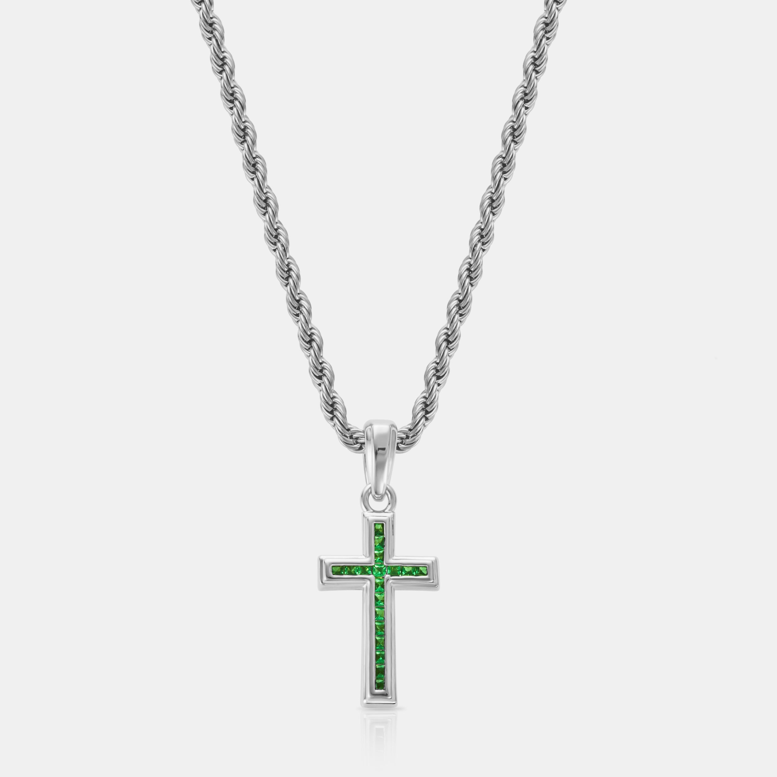 Mini Emerald Stone Cross (Silver)
